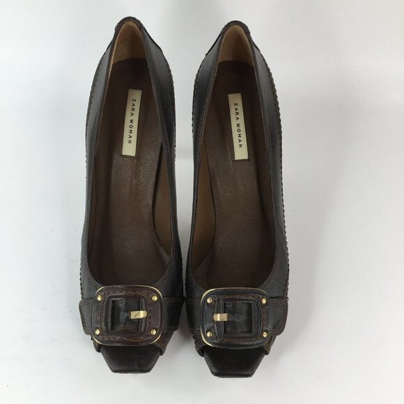 Zara Brown Leather Peep Toe Front Buckle Heels Size 41 - Picture 4 of 16